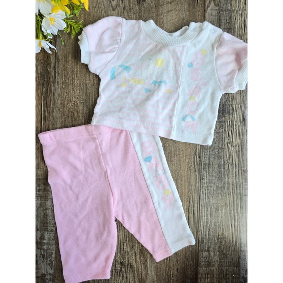 Vintage 80s Hopscotch Baby Beach Outfit Girls Set 0-6m Retro Bear Pastel - Picture 1 of 10
